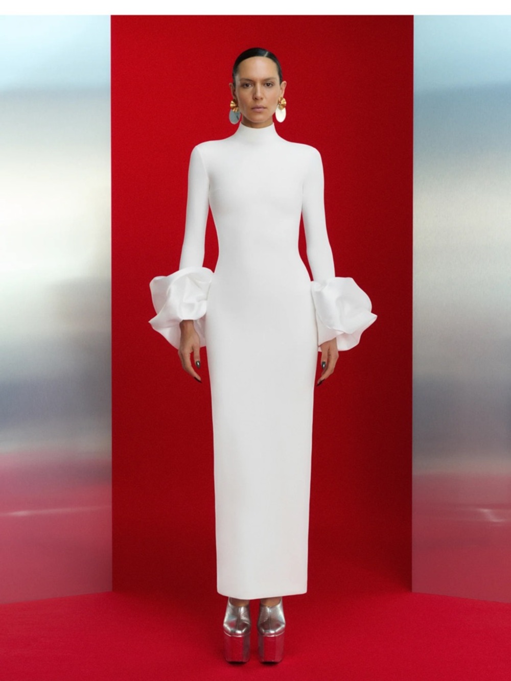 Solace London Sculpted High-Neck White Maxi Dress with Statement Ruffle Cuffs